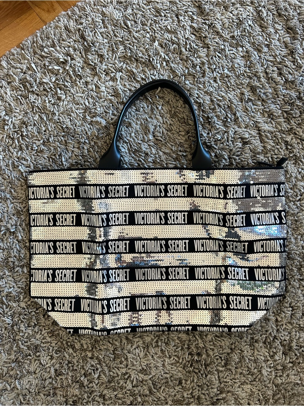 Victoria's Secret Black and White Logo Stripe Sequin Tote with zipper.